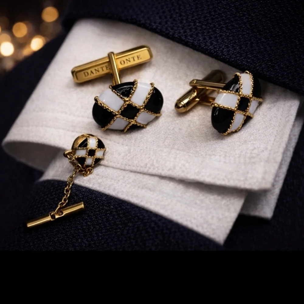 DANTE Rare Vintage Black & White Harlequin Enamel Cufflinks & Tie Tack Set